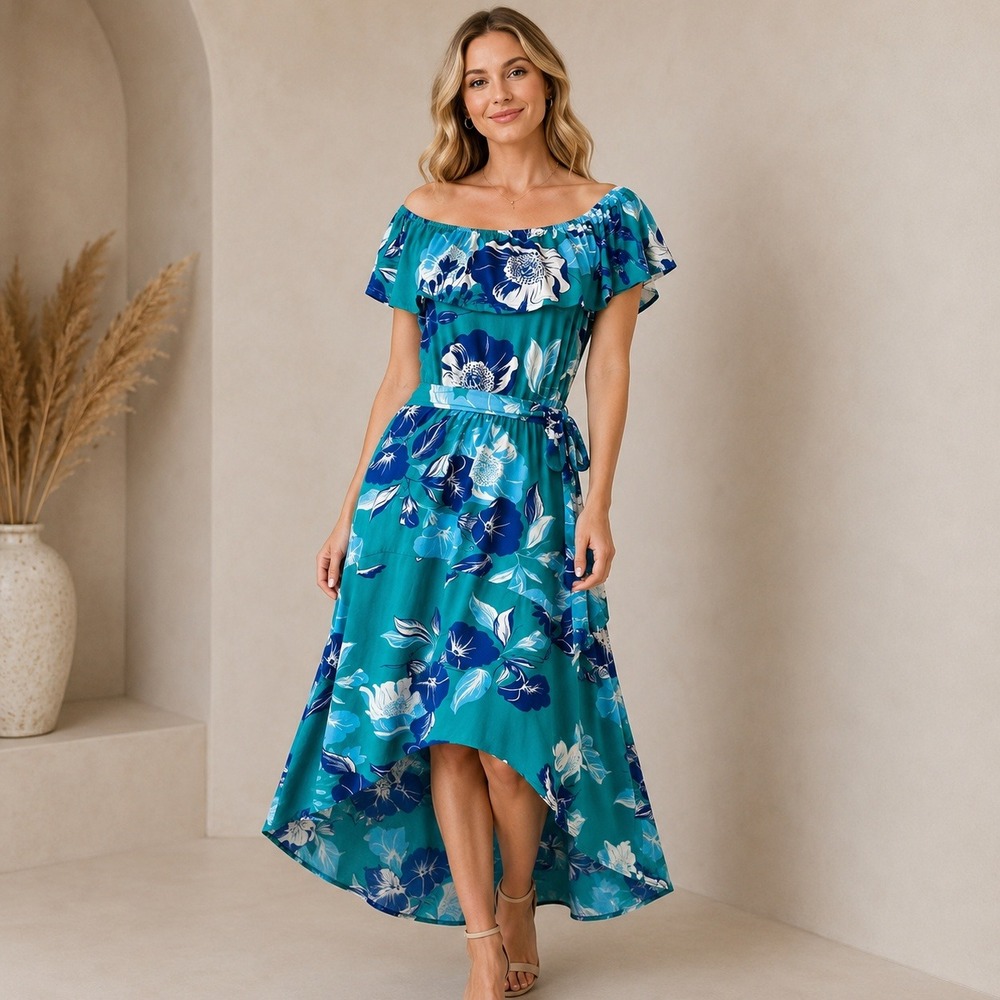 C. Wonder Christian Siriano Dress Womens Medium Teal Blue Floral High Low Ruffle